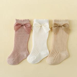 아기 여자아이용 3켤레 양말, 리본 장식 여름 메쉬 레이스 모기 방지 유아용 무릎 양말, 공주풍 롱 양말 (0-6세)