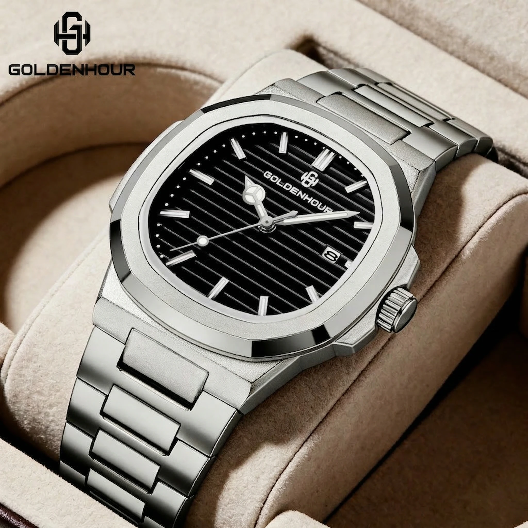 골든 아워 패션 남성 시계 탑 브랜드 명품 비즈니스 쿼츠 시계 스틸 방수 야광 남성 손목시계 레로즈 옴브레 신상품