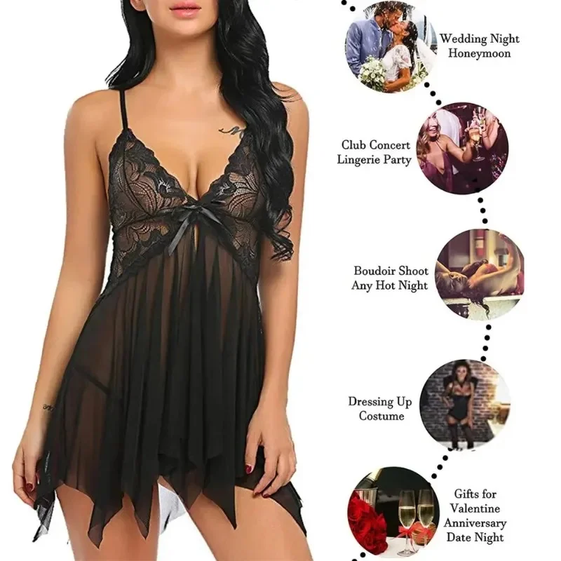 PetitDoll 핑크 시어 니트 베이비돌 스파게티 스트랩과 러플 밑단 나이트 핑크 란제리 드레스