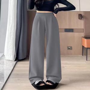 고품질 드레이프의 여성 정장 바지, 블랙/그레이 색상의 스트레이트 레그 캐주얼 스타일, 슬림핏과 편안함을 겸비한 넓은 다리 버전