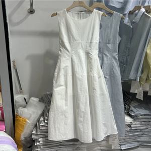 우아한 화이트 베스트 드레스 여성용 미니어처 허리 조임 여름 패션 하이웨이스트 롱 드레스 캐주얼 순색 민소매