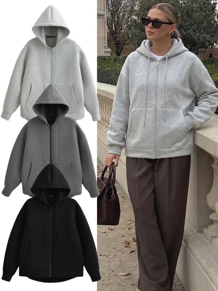 HH 2026 캐주얼 여성용 솔리드 지퍼 후드 긴팔 큰 포켓 지퍼 재킷 후드付き 여성 루즈핏 아우터 코트 탑