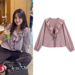 여성 셔츠 2025 가을 신상 레드 체크 긴팔 스택 장식 파스텔 컬리지 스타일 셔츠 캐주얼 패션 활기 넘치는 개성