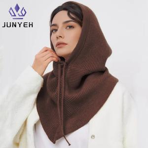 여성용 겨울 방한모 스카프 따뜻한 니트 후드캡 야외용 따뜻한 일체형 넥칼라 비니 모자