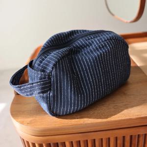 클래식 스트라이프 대용량 휴대용 화장품 가방, 코튼 리넨 원단, 다크 지퍼 스킨 케어, 여행 휴대용 보관 가방