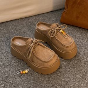 2025 여성용 스웨이드 플랫폼 뮬 - 귀여운 스마일리 핀 장식 레이스업 로퍼 두꺼운 밑창 패션 캐주얼 슬립온 신발