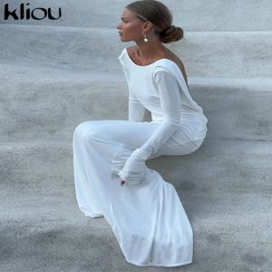 Kliou 솔리드 우아한 여성용 맥시 원피스, 심플한 가을 클래식 트렌드, 전체 소매 스윙 백리스 시스 베스티도스, Mujer 이브닝 로브