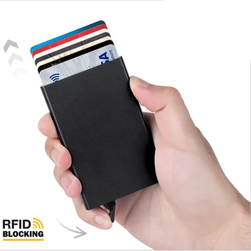 남녀공용 RFID 스마트 지갑 카드 홀더, 금속 얇은 슬림 지갑, 팝업 미니멀리스트 지갑, 소형 블랙 지갑