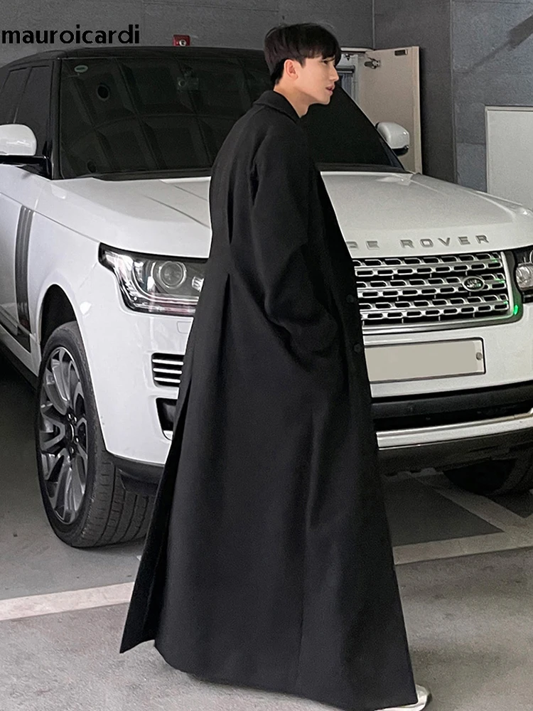 Mauroicardi 가을 겨울 엑스트라 롱 웜 블랙 루즈 캐주얼 울 블렌드 코트 남성 럭셔리 바닥 길이 오버 코트 한국 패션