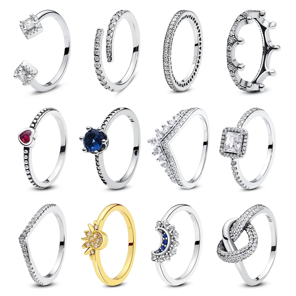 여성용 오리지널 크라운 러브 하트 위시본 약혼 실버 반지, 로즈 골드 크리스탈 반지, 럭셔리 주얼리, 925 스털링