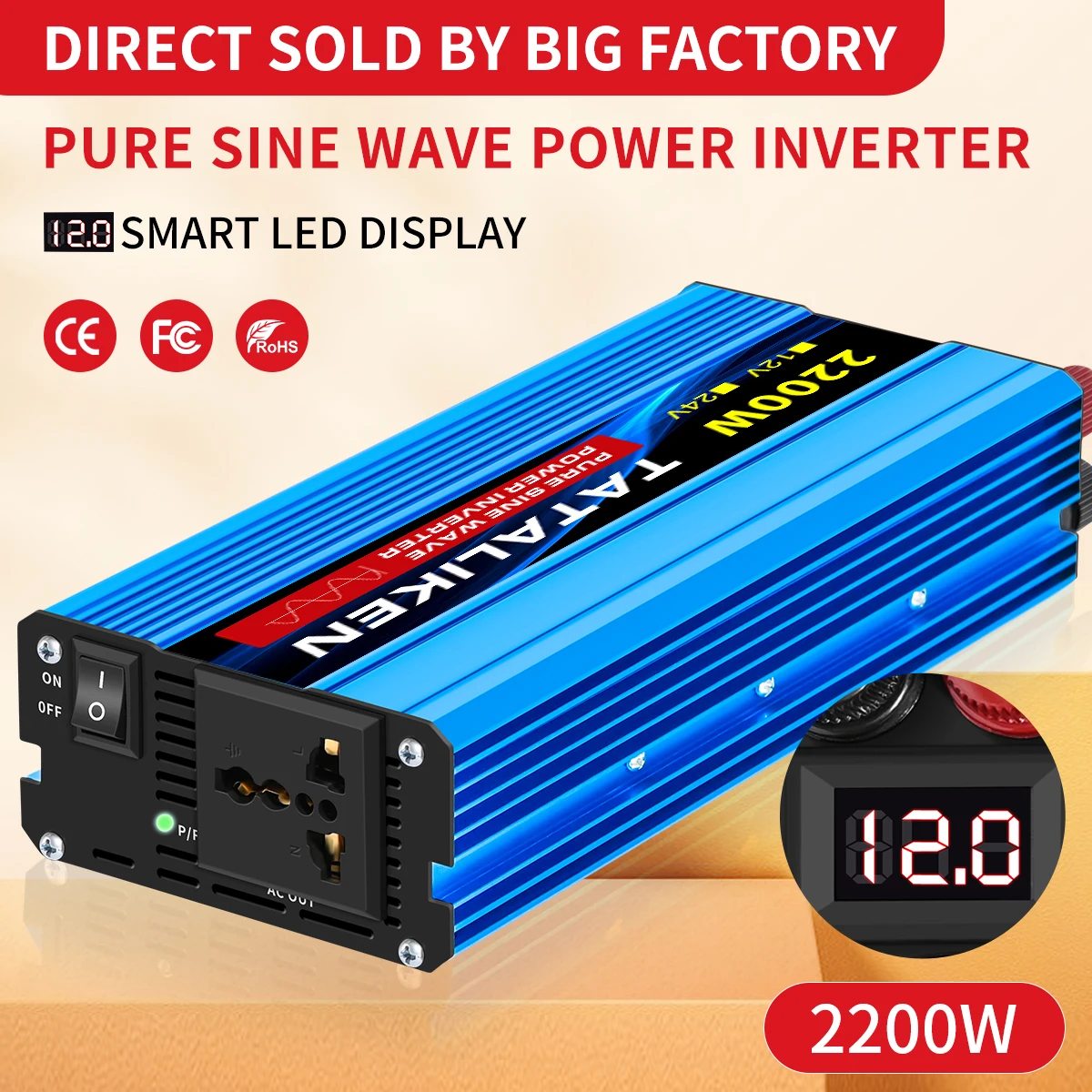 순수 사인파 인버터 1000W-4000W DC 12V 및 24V에서 AC 220V 50hz 전원 인버터 충전기 어댑터 범용 소켓