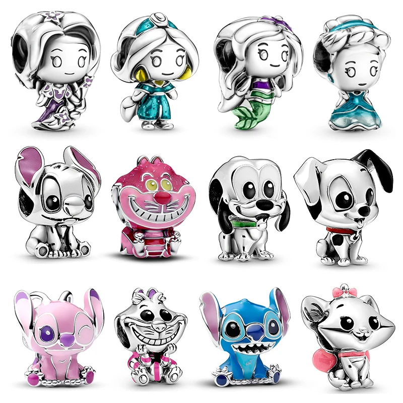 핫 세일 참스 925 실버 디즈니 스티치 & 자스민 참 비즈 3mm 오리지널 팔찌 목걸이 여성 DIY 고급 주얼리 선물