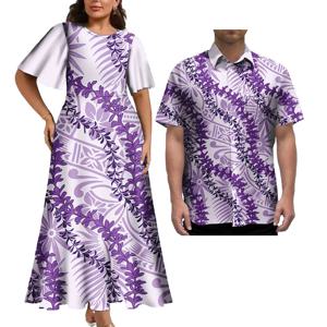 커스텀 로고 커플 세트 폴리네시안 트라이벌 피지 프린트 커플 매칭 의상 옷 프롬 여성 드레스 남성 알로하 셔츠