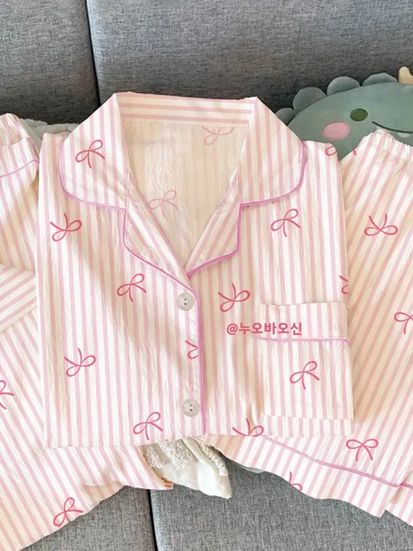 달콤한 여름 스트라이프 잠옷 반팔 캐주얼 홈웨어 얇은 3피스 세트 젊은 여성들을 위한 편안하고 통기성 좋은 파자마