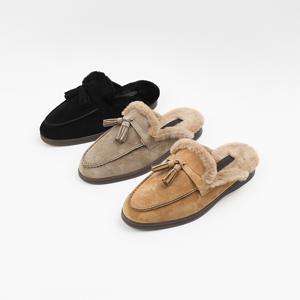 신난다슈 여성 블로퍼 2cm 발편한 방한 뮬 털 슬리퍼 퍼안감 스웨이드GDR253095