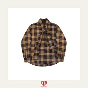 스카프 체크 블라우스_브라운