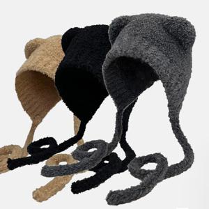 [브리치] HOTBBA / 겨울 뽀글이 니트 곰돌이 후드 끈모자 LM 0537