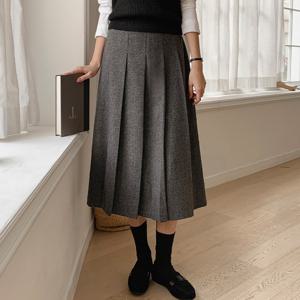 가을 겨울 모직 울 플리츠 빅사이즈 롱 스커트 캐주얼 출근 오피스룩 하객