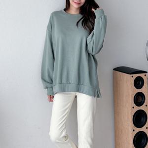 여자 U넥 미니멀리즘 밑단트임 가을맨투맨 민무늬 티셔츠