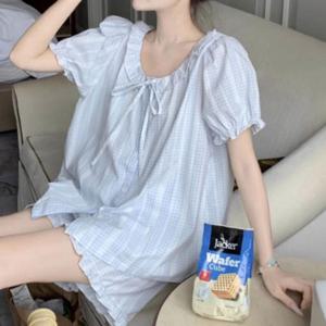 여성 체크 프릴 러블리무드 하늘빛 반팔 파자마 세트 여자잠옷 파자마 반팔잠옷 여름잠옷