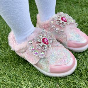 여아용 로엘 글리터 리본 털 LED 겨울 운동화