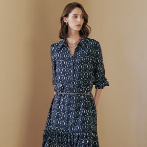 알파벳 패턴 벨티드 셔링 셔츠 롱 원피스