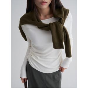 기모 골지 셔링 긴소매 티셔츠  화이트