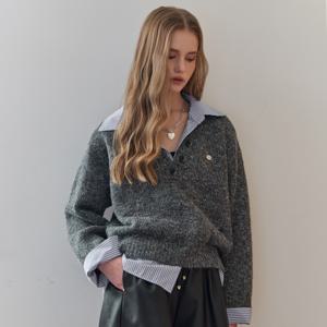 스트라이프 셔츠 레이어드 브이넥 니트