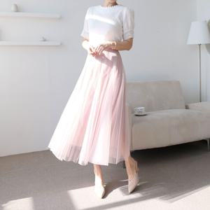 여자 봄 여름 가을 밴딩 무지 샤 롱스커트 간절기 핏이 예쁜 편한 망사 긴치마