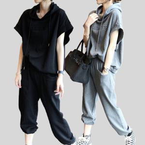 44부터 88까지 루즈핏 캐주얼 반팔후드+조거팬츠 여름 트레이닝복 상하세트