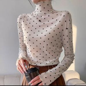 여성 시스루 스판 뮤아 벨벳 도트 목폴라 블라우스 이너티