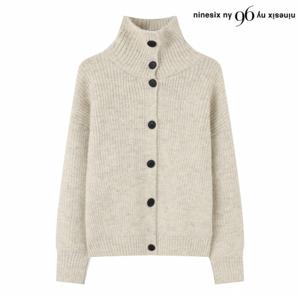 정상가:79,000원 ㅣ 하이넥 버튼 벌룬 소매 니트 가디건 (NP4CK004L0-1)