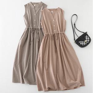 252527 -스트라이프 스트링 린넨면롱원피스 루즈핏 빅사이즈 여름원피스 린넨원피스 면원피스 40대 50대 100사이즈 중년원피스