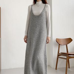 여자 울니트 끈나시 브이 돌돌이 A라인 가을 롱원피스