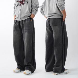 [브리치] 오엔엘 / 트랙 밴딩 흑청바지 남자와이드청바지 통