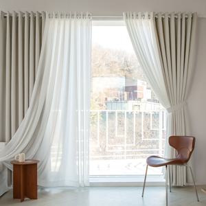 크림라떼 형상기억 암막+심플쉬폰 안방 거실 특대형커튼 4장+커튼봉