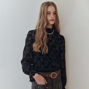 로즈 벨벳 레이스 시스루 하이넥 티셔츠