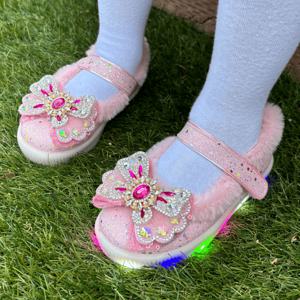 여아용 애나 글리터 리본 LED 겨울 털 구두 슬립온