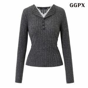 정상가:59,000원 ㅣ골지 레이스 레이어드 반버튼 긴팔 티셔츠 (GPDLW011D)