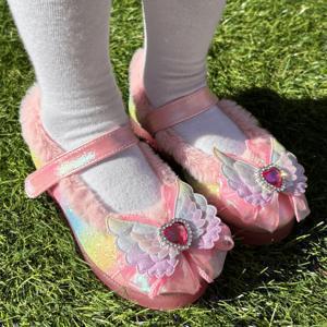 여아용 세리 더블 무지개 날개 리본 LED 겨울 털 구두