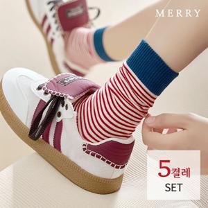 [메리삭스] 럭비 스트라이프 밴딩삭스 5켤레 세트/여성양말
