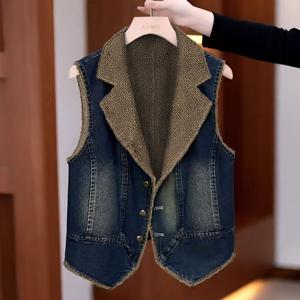 여자 뽀글이 기모 청조끼 루즈핏 털안감 브이넥 데님 조끼 베스트