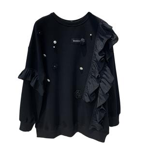 150kg까지 빅사이즈 프릴 패치 얇은 맨투맨 여가을 진주 꽃 마이너 루즈핏 상의