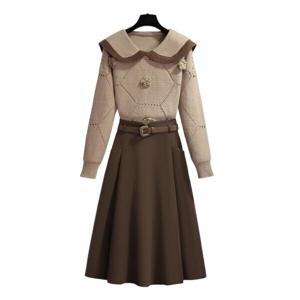 뷰티풀 빅카라 스웨터 A라인 스커트 미디 스커트 상하 투피스 세트