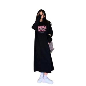 빅사이즈원피스 여성 원피스 치마 스커트 빅사이즈여성의류 가을 겨울 심플한 끈 후드 롱 레귤러 소매 트임