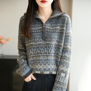 여자 가을 겨울 반집업 니트 스웨터 스판 긴팔티