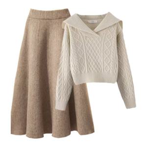 2025여성투피스투피스세트정장세트마담의류가을겨작은 키 세트 스커트 투피스 스웨터 + 하이웨스트 A자 니