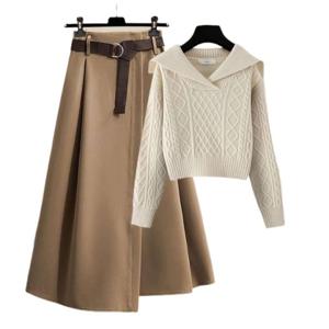 2025 여성 이른 봄 니트 스웨터 원피스 세트 하프 톱+스커트 투피스가겨울