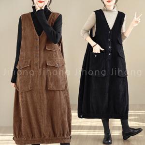 지홍 가을겨울 민소매 골덴 롱원피스 루즈핏 코듀로이 레이어드