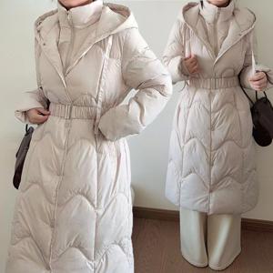 여성 후드 롱 패딩 점퍼 벨티드 이중 집업 하이넥 빅사이즈 겨울 아이보리 블랙 웰론